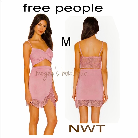 NWT M FREE PEOPLE blush pink lace trim mini skirt crop bralette set brand new - Picture 1 of 13